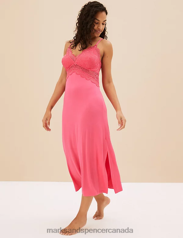 Marks and Spencer Canada - Unisex Bright Pink Lingerie Marks & Spencer Strappy Lace Trim Long Chemise 20VTD3568