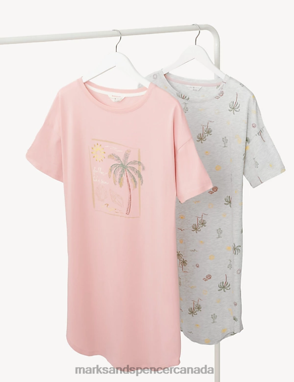 Unisex Pink Mix Lingerie Marks & Spencer 2pk Cotton Rich Printed Nightdresses 20VTD3523 - Marks and Spencer outlet