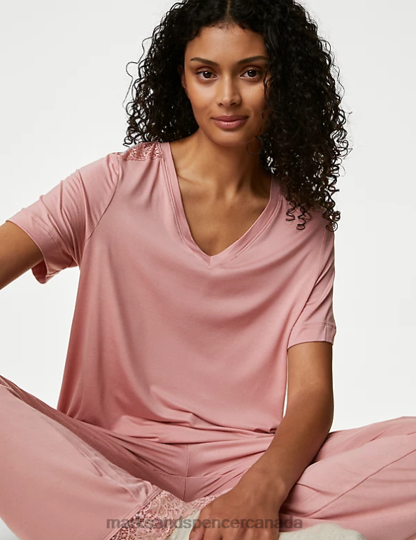 Unisex Antique Rose Lingerie Marks & Spencer Body Soft Lace Detail Pyjama Top 20VTD3407 - Marks and Spencer Canada locations