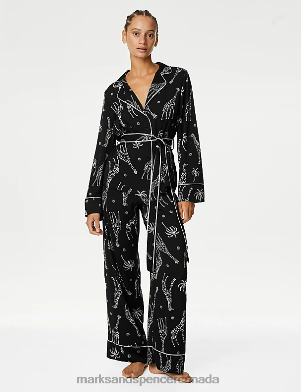 Unisex Black Mix Lingerie Marks & Spencer Dream Satin Giraffe Print Pyjama Set 20VTD3406 - Marks and Spencer online