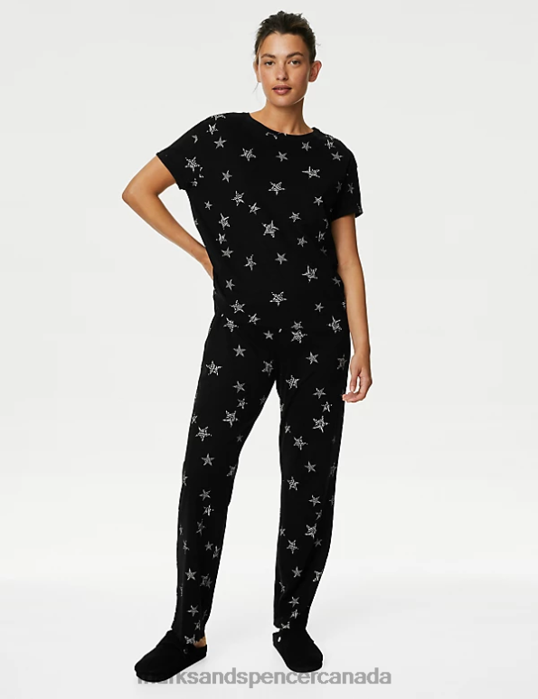 Unisex Black Mix Lingerie Marks & Spencer Pure Cotton Star Print Pyjama Set 20VTD3339 - Marks and Spencer Canada locations