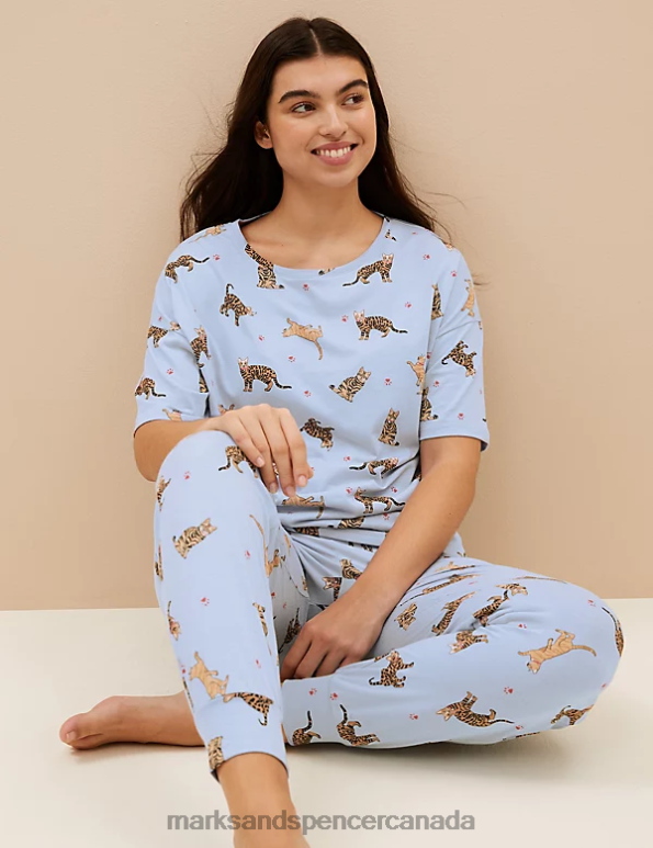 Marks and Spencer Canada - Unisex Blue Mix Lingerie Marks & Spencer Cotton Rich Cat Print Pyjama Set 20VTD3509