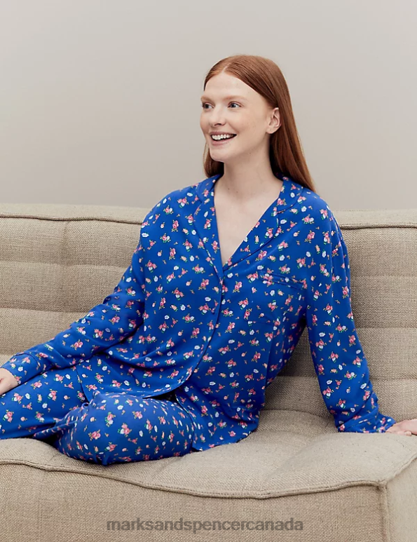 Marks and Spencer near me - Unisex Blue Mix Lingerie Marks & Spencer Floral Print Revere Collar Pyjama Top 20VTD3531