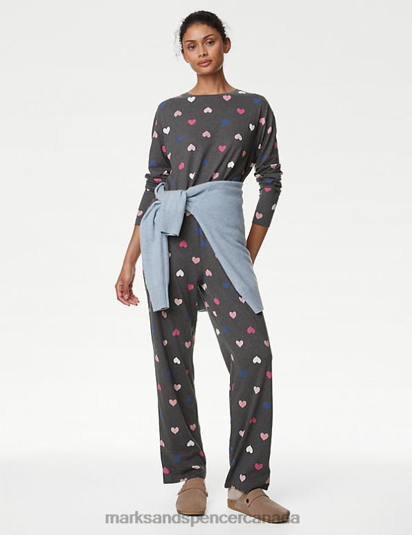 Marks and Spencer sale - Unisex Charcoal Mix Lingerie Marks & Spencer Cotton Rich Heart Print Pyjama Set 20VTD3379