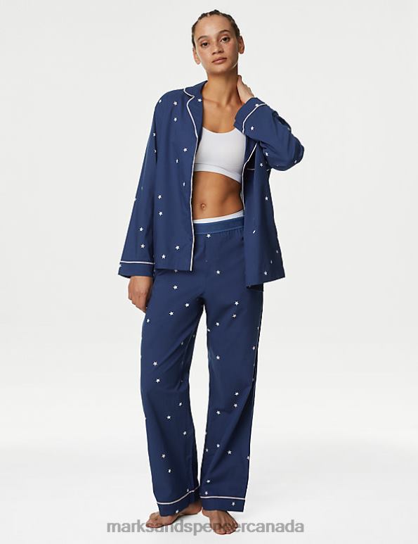 Unisex Dark Blue Lingerie Marks & Spencer Pure Cotton Star Print Pyjama Set 20VTD3429 - Marks and Spencer Canada locations