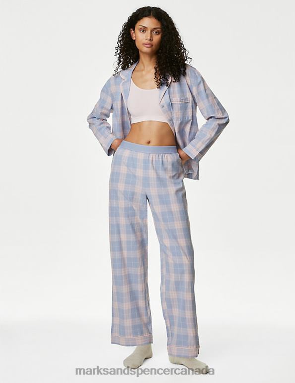 Unisex Faded Blue Lingerie Marks & Spencer Pure Cotton Checked Pyjama Set 20VTD3448 - Marks and Spencer Canada locations