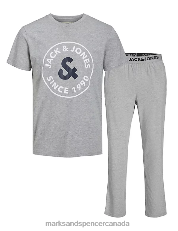 Unisex Grey Lingerie Marks & Spencer Cotton Rich Logo Print Pyjama Set 20VTD7212 - Marks and Spencer outlet