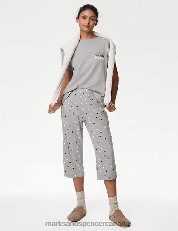 Unisex Grey Mix Lingerie Marks & Spencer Cotton Rich Polka Dot Cropped Pyjama Set 20VTD3502 - Marks and Spencer Canada locations