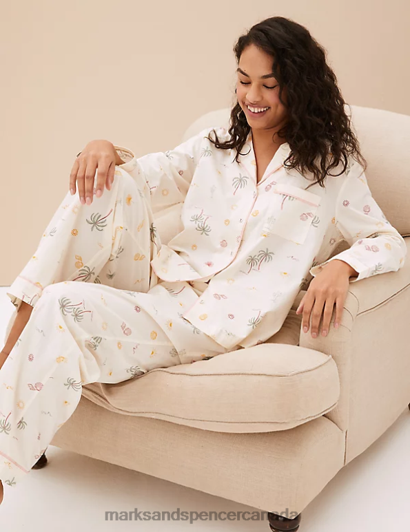 Marks and Spencer near me - Unisex Ivory Mix Lingerie Marks & Spencer Pure Cotton Palm Print Pyjama Set 20VTD3585