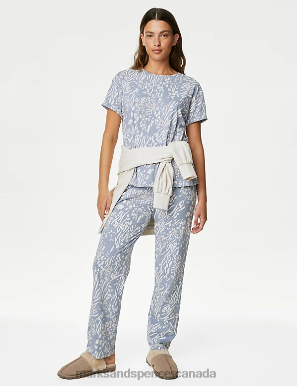 Unisex Light Blue Mix Lingerie Marks & Spencer Pure Cotton Animal Print Pyjama Set 20VTD3360 - Marks and Spencer online