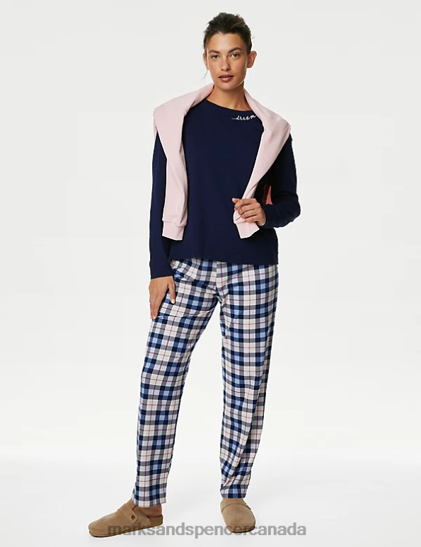 Unisex Navy Mix Lingerie Marks & Spencer Pure Cotton Checked Pyjama Set 20VTD3343 - Marks and Spencer outlet