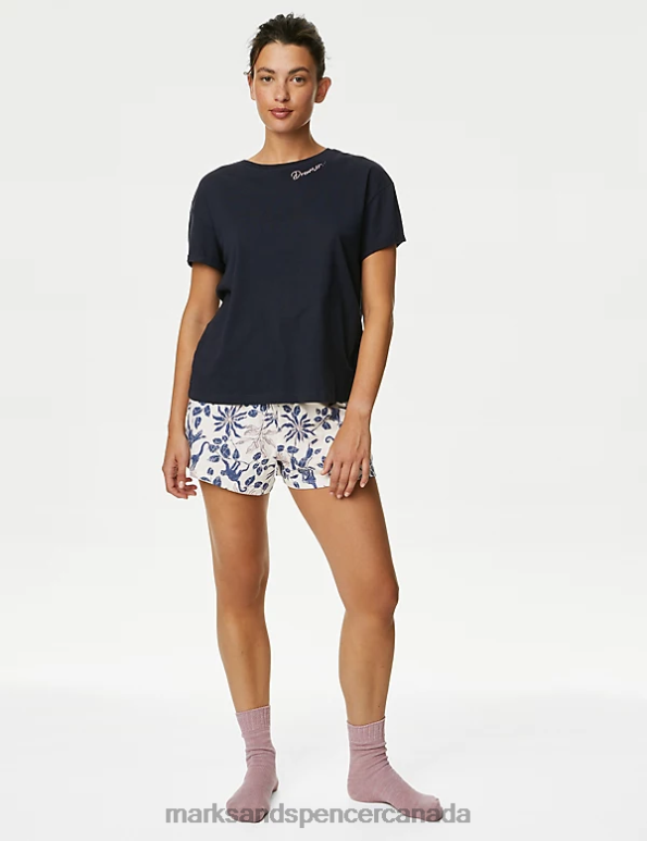 Unisex Navy Mix Lingerie Marks & Spencer Pure Cotton Floral Shortie Pyjama Set 20VTD3465 - Marks and Spencer Canada locations