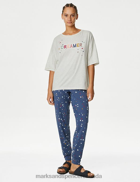 Unisex Oatmeal Mix Lingerie Marks & Spencer Cotton Rich Dreamer Slogan Pyjama Set 20VTD3417 - Marks and Spencer outlet