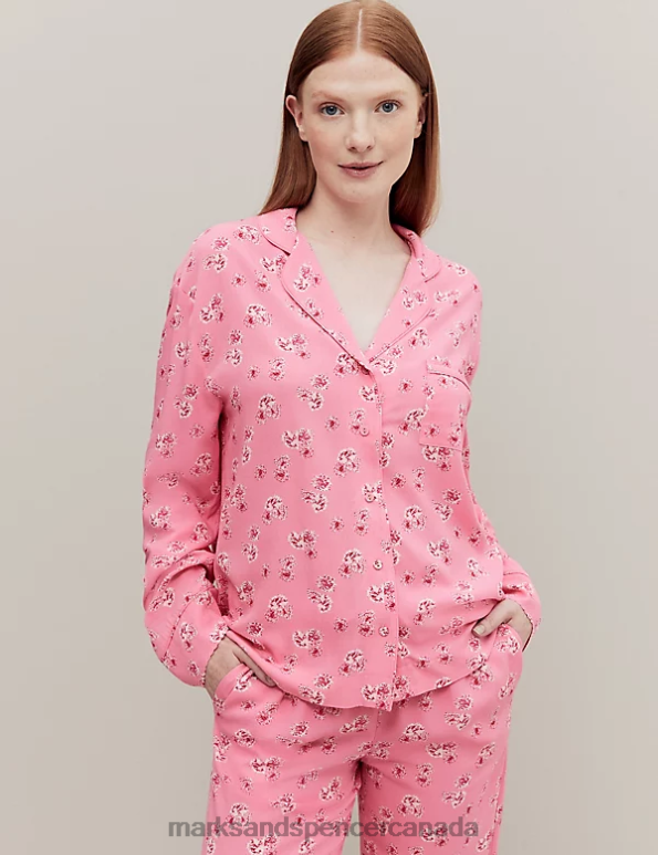 Unisex Pink Mix Lingerie Marks & Spencer Floral Print Revere Collar Pyjama Top 20VTD3539 - Marks and Spencer Canada locations