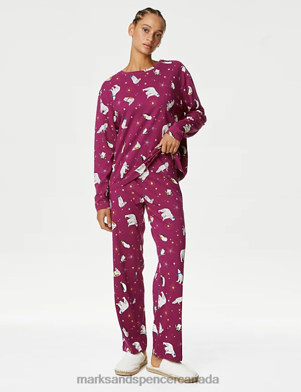 Marks and Spencer near me - Unisex Purple Mix Lingerie Marks & Spencer Pure Cotton Winter Animals Pyjama Set 20VTD3352