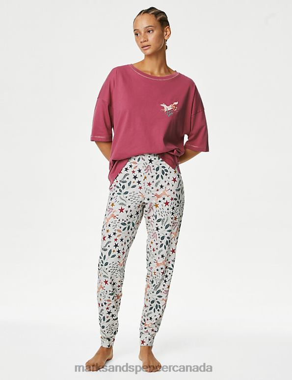 Marks and Spencer Canada - Unisex Raspberry Lingerie Marks & Spencer Cotton Rich Fox Print Cuffed Hem Pyjama Set 20VTD3452