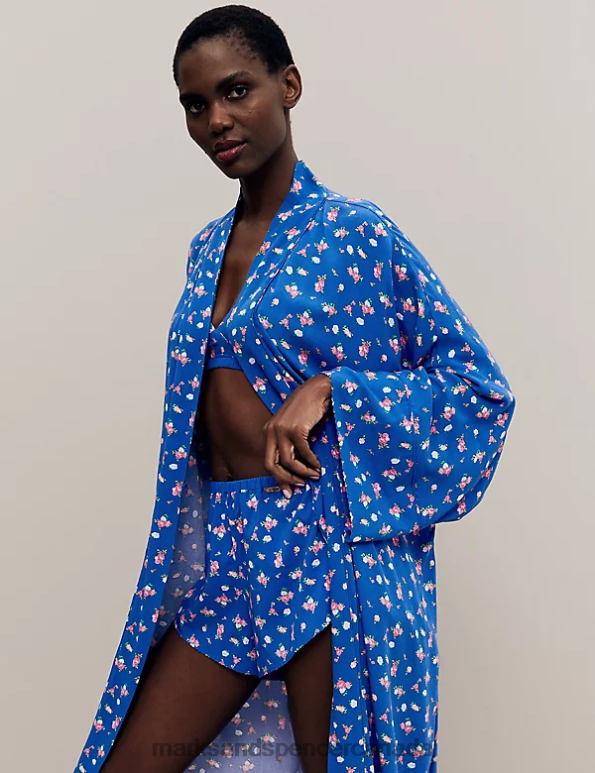 Marks and Spencer Canada - Unisex Blue Mix Lingerie Marks & Spencer Floral Print Long Kimono Robe 20VTD3496