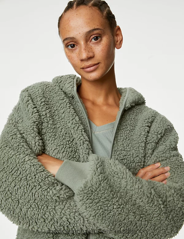 Marks and Spencer Canada - Unisex Dusty Green Lingerie Marks & Spencer Teddy Borg Hooded Cardigan 20VTD3864