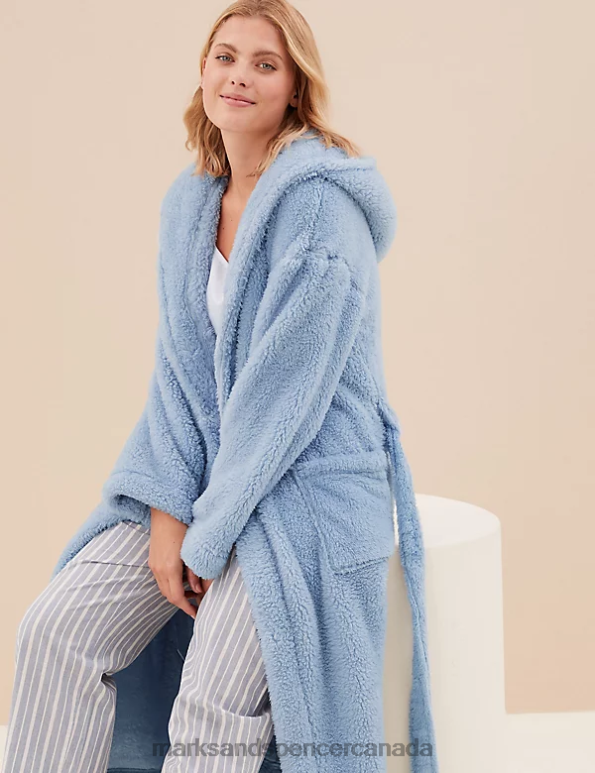 Marks and Spencer near me - Unisex Light Blue Lingerie Marks & Spencer Fleece Hooded Long Dressing Gown 20VTD3610