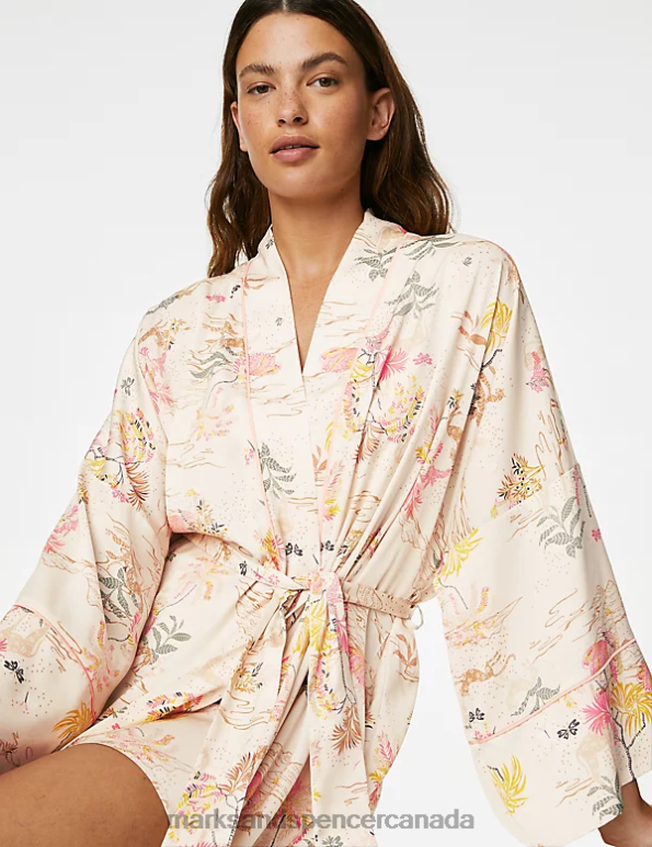 Unisex Ivory Mix Lingerie Marks & Spencer Dream Satin Printed Short Robe 20VTD3347 - Marks and Spencer online