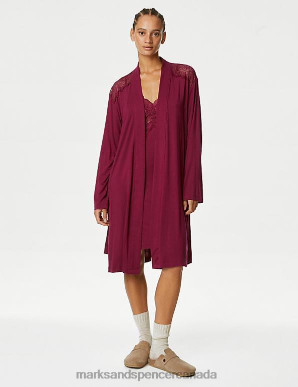 Unisex Raspberry Lingerie Marks & Spencer Body Soft Lace Detail Short Dressing Gown 20VTD3774 - Marks and Spencer online