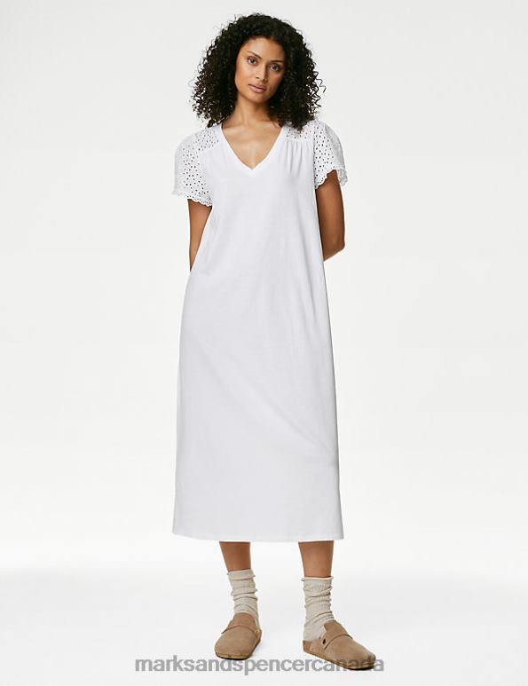 Unisex White Lingerie Marks & Spencer Pure Cotton Broderie Trim Long Nightdress 20VTD3383 - Marks and Spencer online