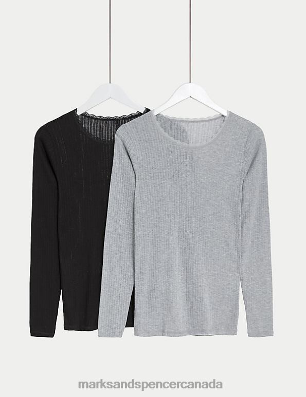 Marks and Spencer Canada - Unisex Black Mix Lingerie Marks & Spencer 2pk Pointelle Thermal Long Sleeve Tops 20VTD5031