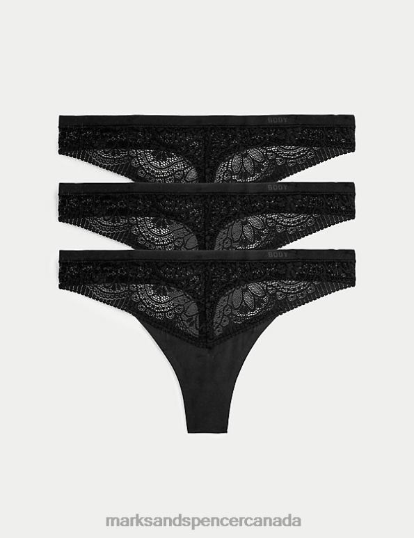 Unisex Black Lingerie Marks & Spencer 3pk Body Soft Lace Thongs 20VTD3856 - Marks and Spencer outlet