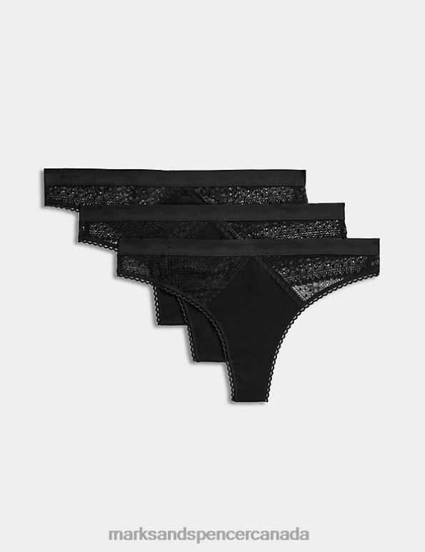 Marks and Spencer Canada - Unisex Black Lingerie Marks & Spencer 3pk Cotton with Cool Comfort Thongs 20VTD3932