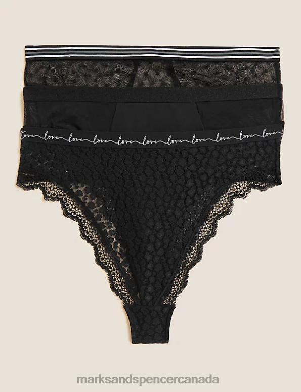 Unisex Black Lingerie Marks & Spencer 3pk Mesh & Lace High Waisted Thongs 20VTD4664 - Marks and Spencer online