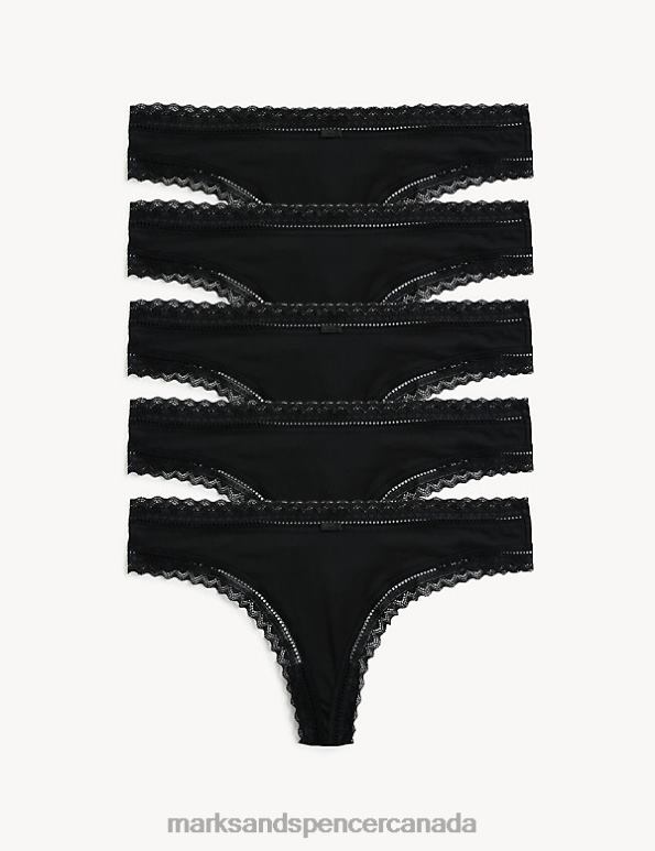 Unisex Black Lingerie Marks & Spencer 5pk Microfibre & Lace Trim Thongs 20VTD4687 - Marks and Spencer outlet