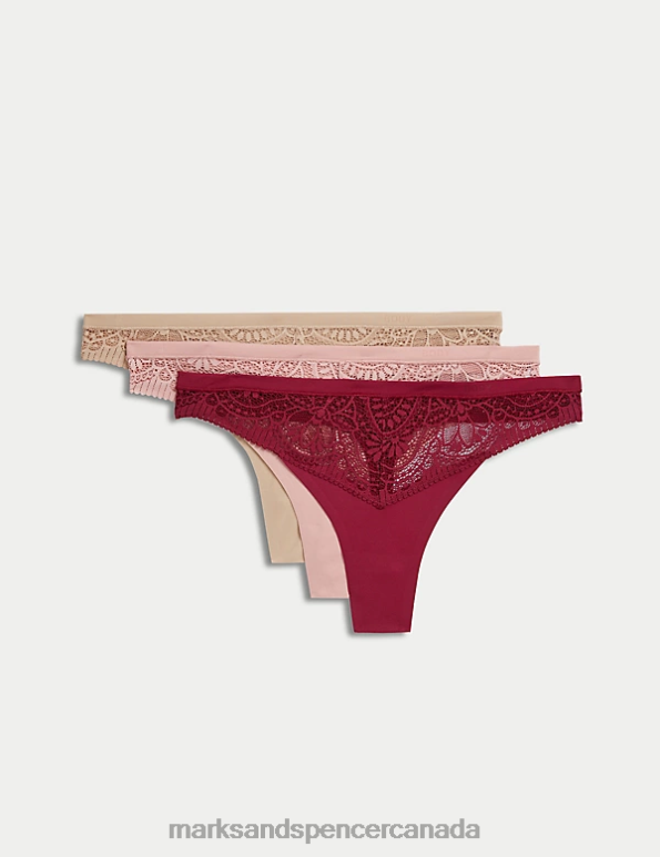 Marks and Spencer Canada - Unisex Dark Raspberry Lingerie Marks & Spencer 3pk Body Soft Lace Thongs 20VTD4255