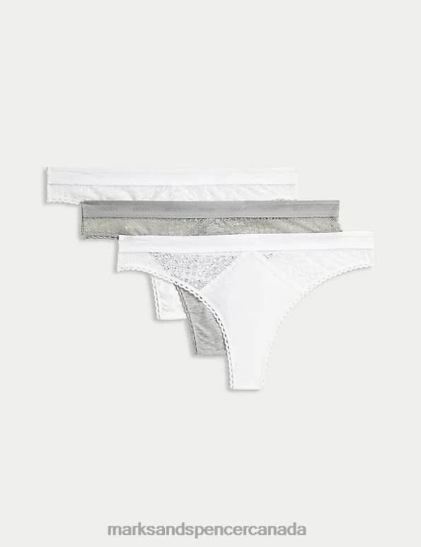 Unisex White Mix Lingerie Marks & Spencer 3pk Cotton with Cool Comfort Thongs 20VTD4381 - Marks and Spencer outlet