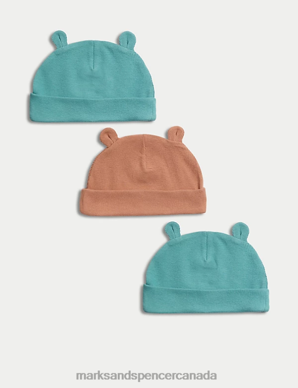 Marks and Spencer near me - Kids Aqua Mix Accessories Marks & Spencer 3pk Cotton Rich Hats 20VTD7253