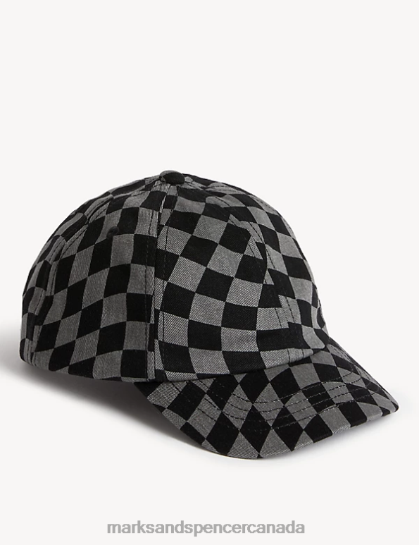 Kids Black Mix Accessories Marks & Spencer Pure Cotton Checked Baseball Cap 20VTD8362 - Marks and Spencer outlet