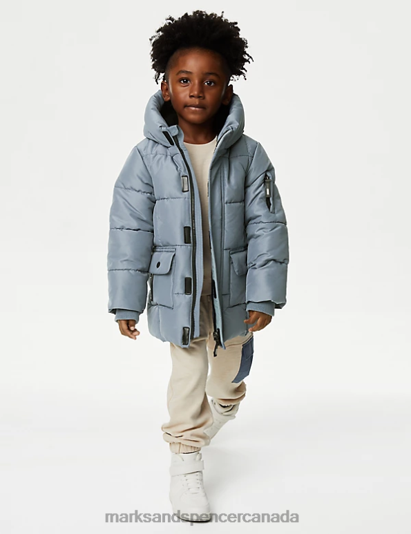 Kids Steel Blue Clothing Marks & Spencer Stormwear Hooded Longline Padded Coat 20VTD8193 - Marks and Spencer outlet