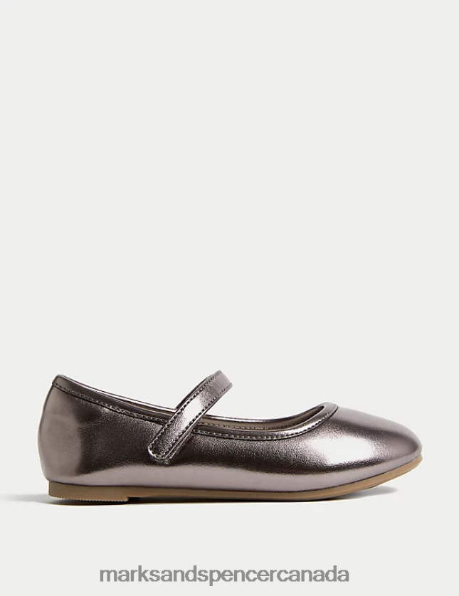 Footwear 20VTD9687 Pewter Kids Marks & Spencer Metallic Riptape Mary Jane Shoes - Marks and Spencer Canada locations