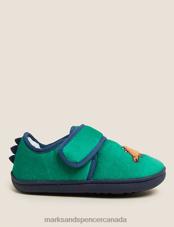 Marks and Spencer Canada - Kids Green Mix Footwear Marks & Spencer Riptape Dinosaur Slippers 20VTD8758