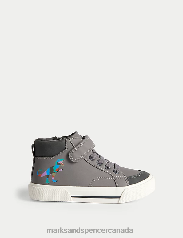 Marks and Spencer Canada - Kids Grey Footwear Marks & Spencer Riptape Dinosaur High Top Trainers 20VTD7862