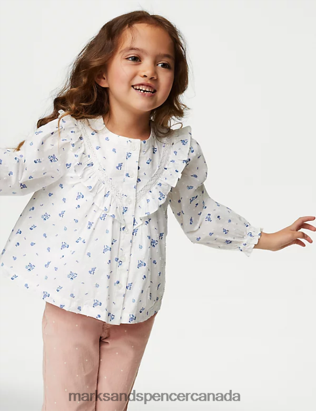 Marks and Spencer sale - Clothing 20VTD9321 White Mix Kids Marks & Spencer Pure Cotton Floral Blouse Top