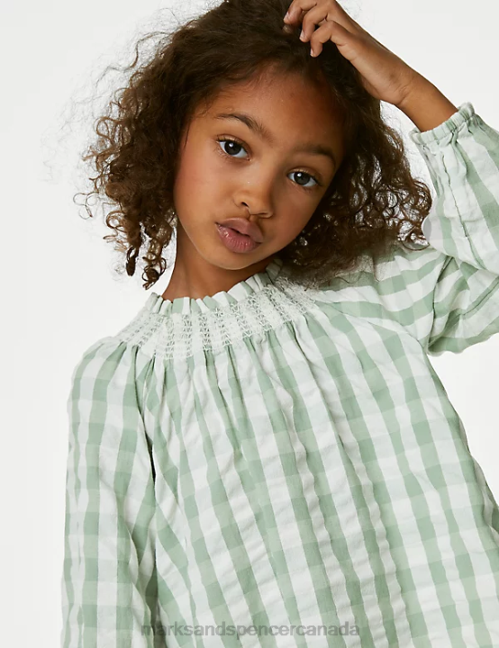 Marks and Spencer Canada - Marks & Spencer Kids Pure Cotton Gingham Blouse Clothing Green Mix 20VTD9136