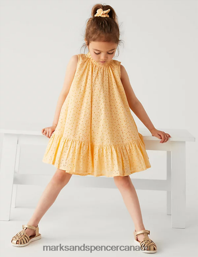 Marks and Spencer sale - Clothing 20VTD9258 Pale Gold Kids Marks & Spencer Pure Cotton Dress with Scrunchie