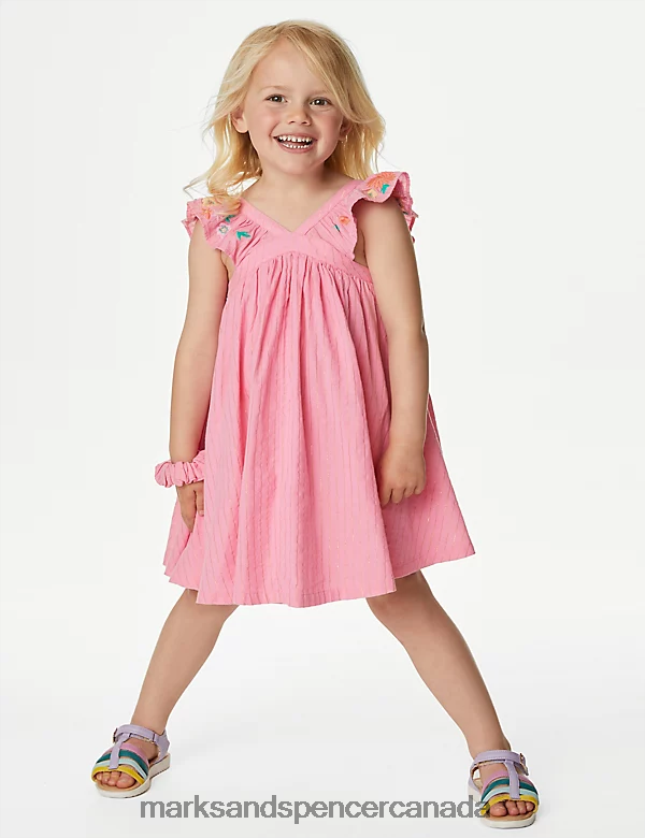 Marks and Spencer Canada - Clothing 20VTD9294 Sugar Pink Kids Marks & Spencer Pure Cotton Floral Dress with Scrunchie