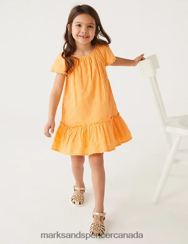 Clothing 20VTD9325 Orange Kids Marks & Spencer Pure Cotton Embroidered Spotted Dress - Marks and Spencer online