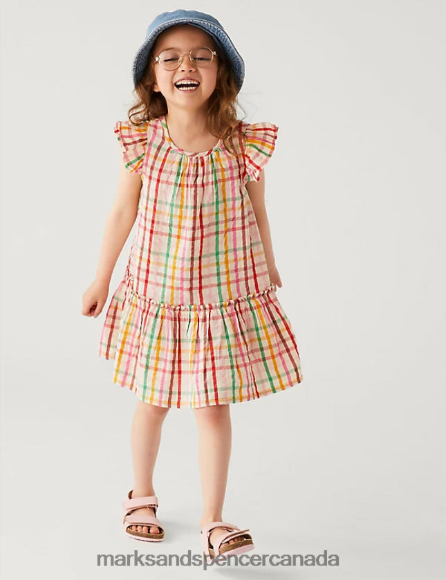 Clothing 20VTD9356 Multi Kids Marks & Spencer Pure Cotton Checked Dress - Marks and Spencer outlet