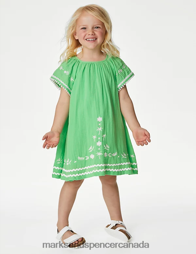 Marks and Spencer sale - Clothing 20VTD9411 Green Kids Marks & Spencer Pure Cotton Embroidered Dress