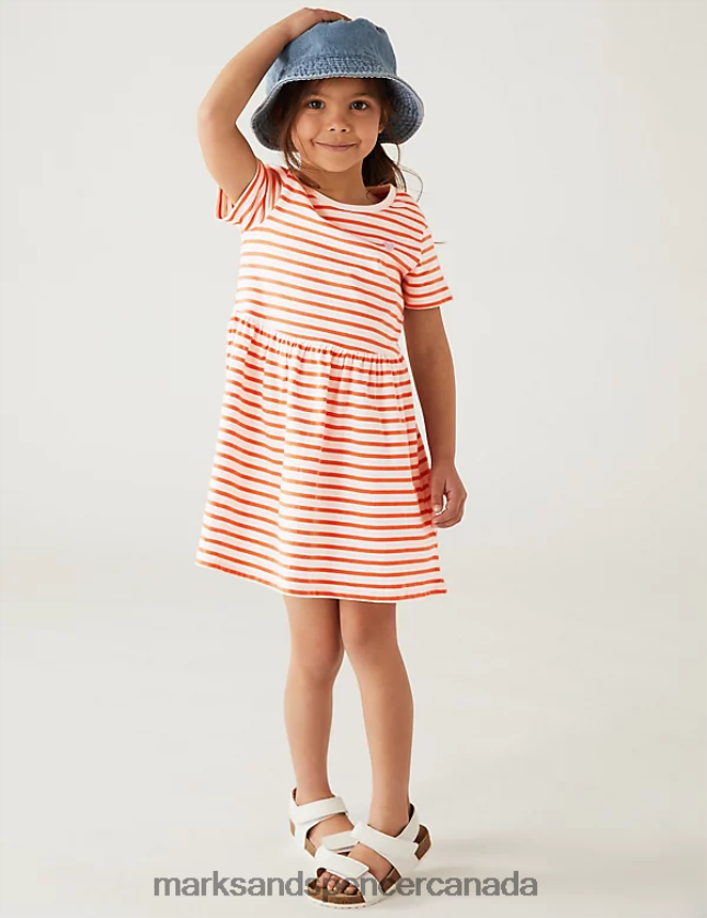 Clothing 20VTD9413 Coral Kids Marks & Spencer Pure Cotton Striped Dress - Marks and Spencer online