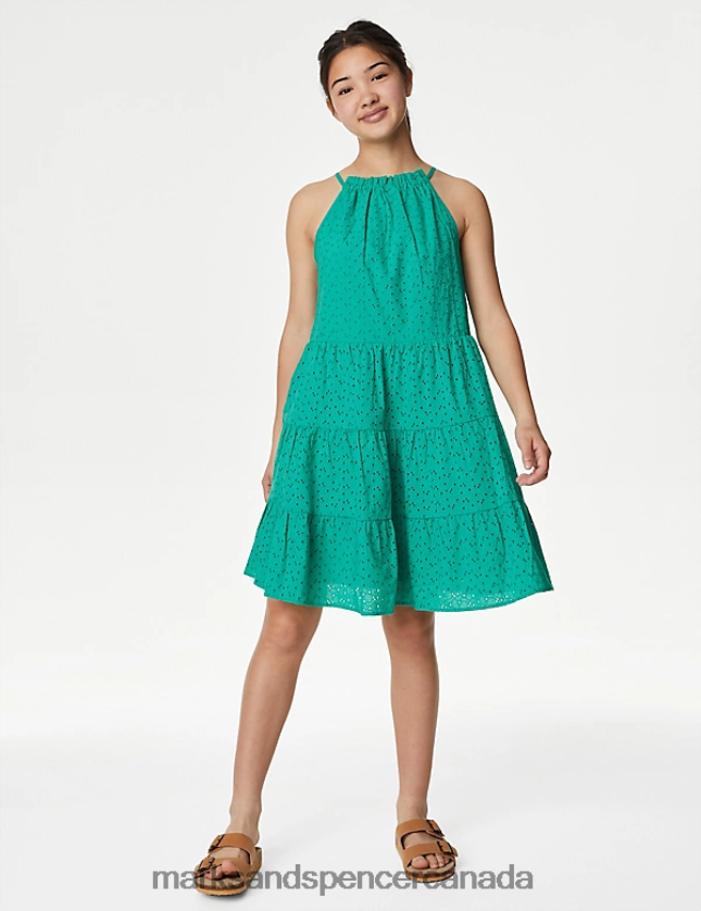 Clothing 20VTD9454 Green Kids Marks & Spencer Pure Cotton Broderie Dress - Marks and Spencer outlet