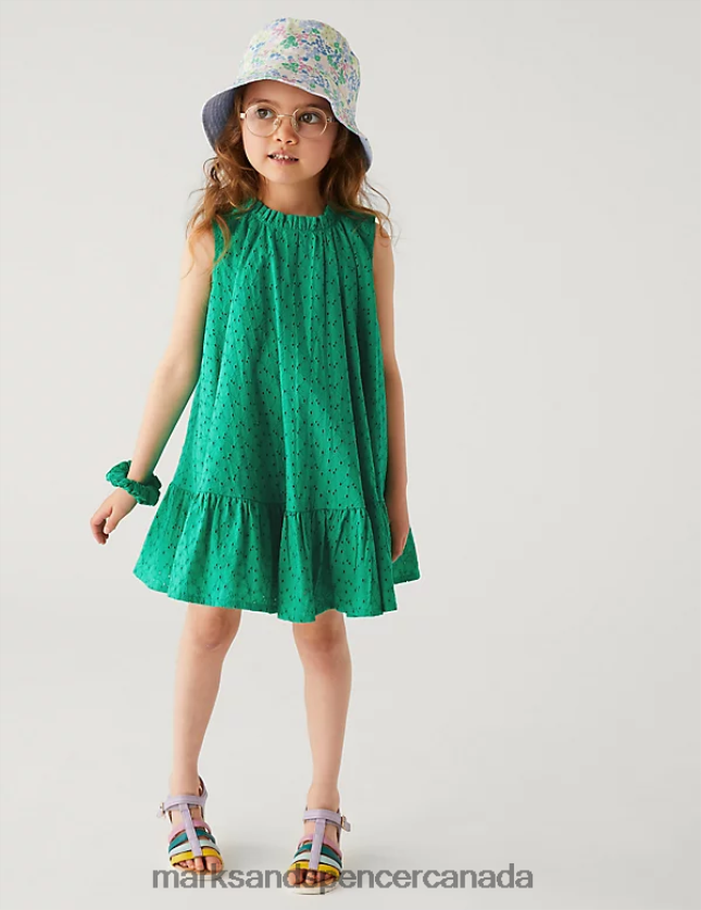 Marks and Spencer Canada - Clothing 20VTD9523 Green Kids Marks & Spencer Pure Cotton Dress with Scrunchie