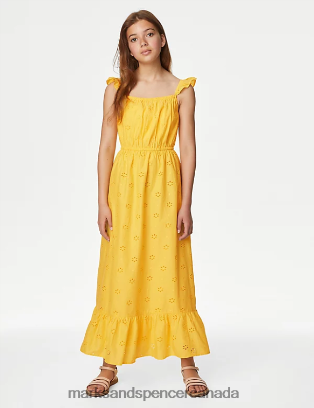 Clothing 20VTD9583 Yellow Kids Marks & Spencer Pure Cotton Broderie Dress - Marks and Spencer outlet